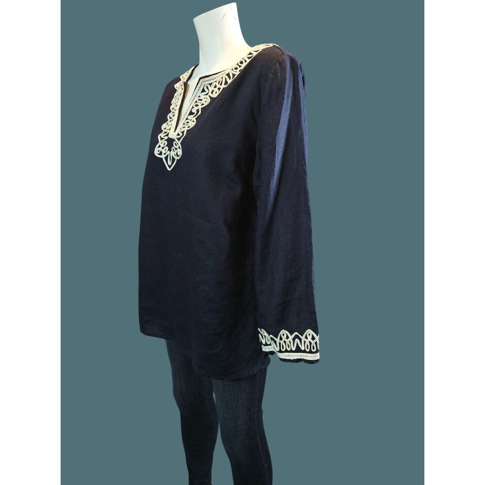 Talbots 100% Linen V Neck Embroidered Trim Navy Blue Tunic Women L Boho - Picture 6 of 8